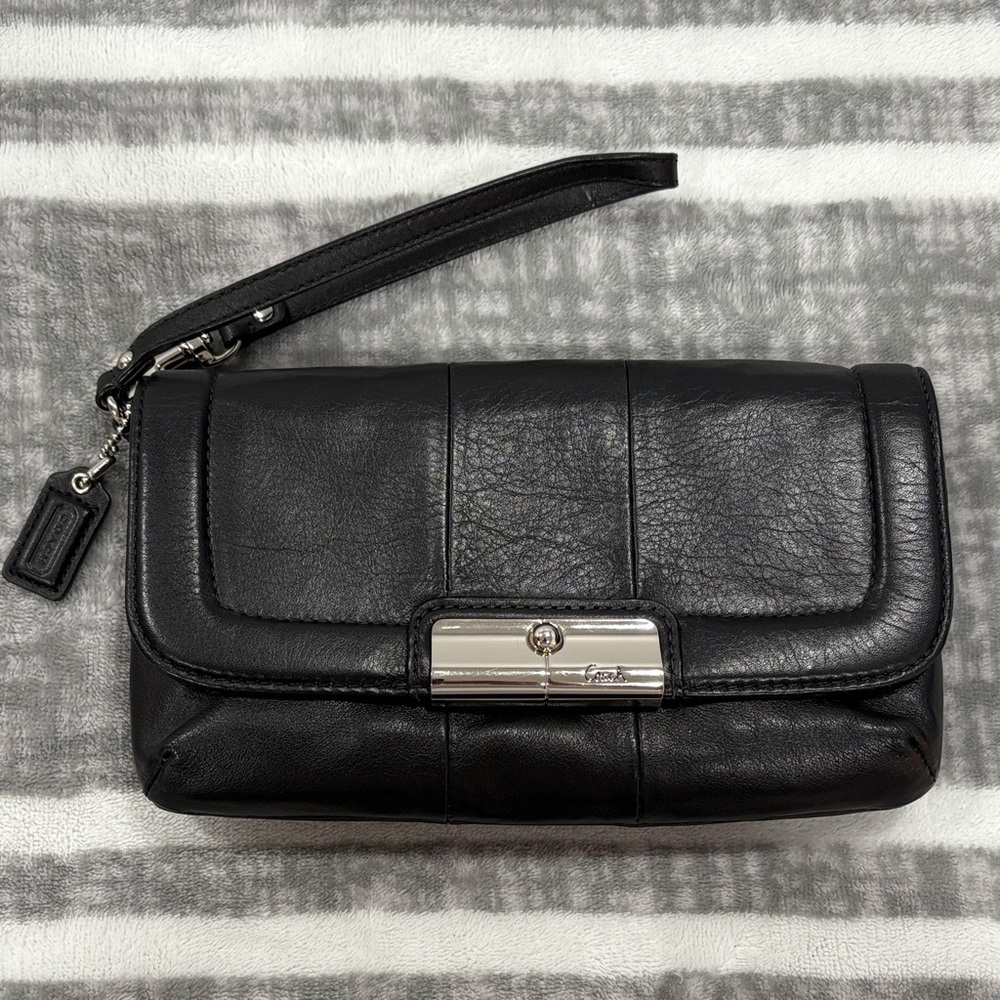 Coach Black Leather Wristlet with Silver Hardware